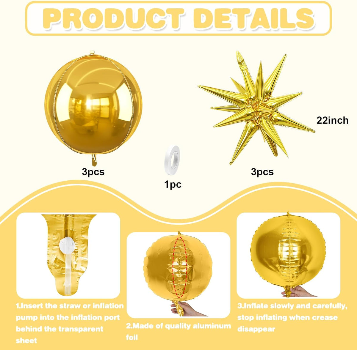 6Pcs Gold Foil Balloons,22Inch Gold 4D Round Ball Balloon and Explosion Star Balloon for Birthday