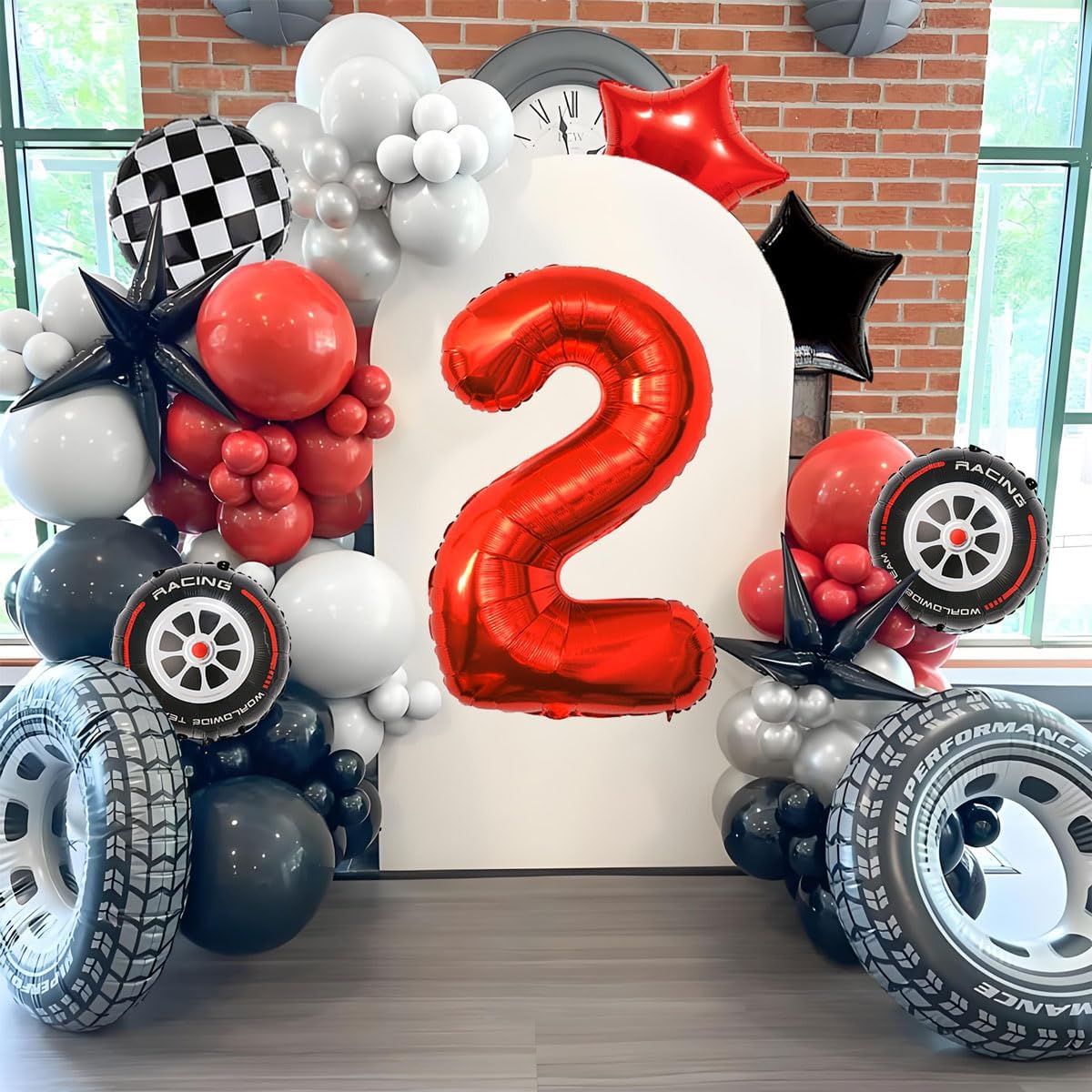 Race Car Birthday Decorations - 40 Inch Mylar Red Number 2 Balloons - Black Foil Checkered Race Car