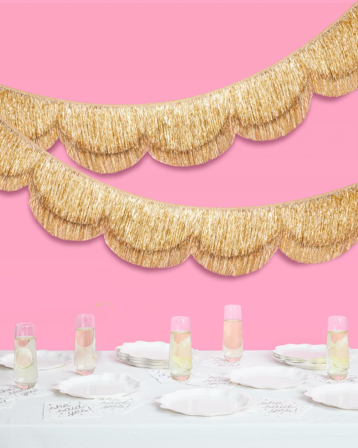 xo, Fetti Gold Scalloped Layered Fringe Banner - 5 Ft. | Bachelorette Party Decorations, Birthday