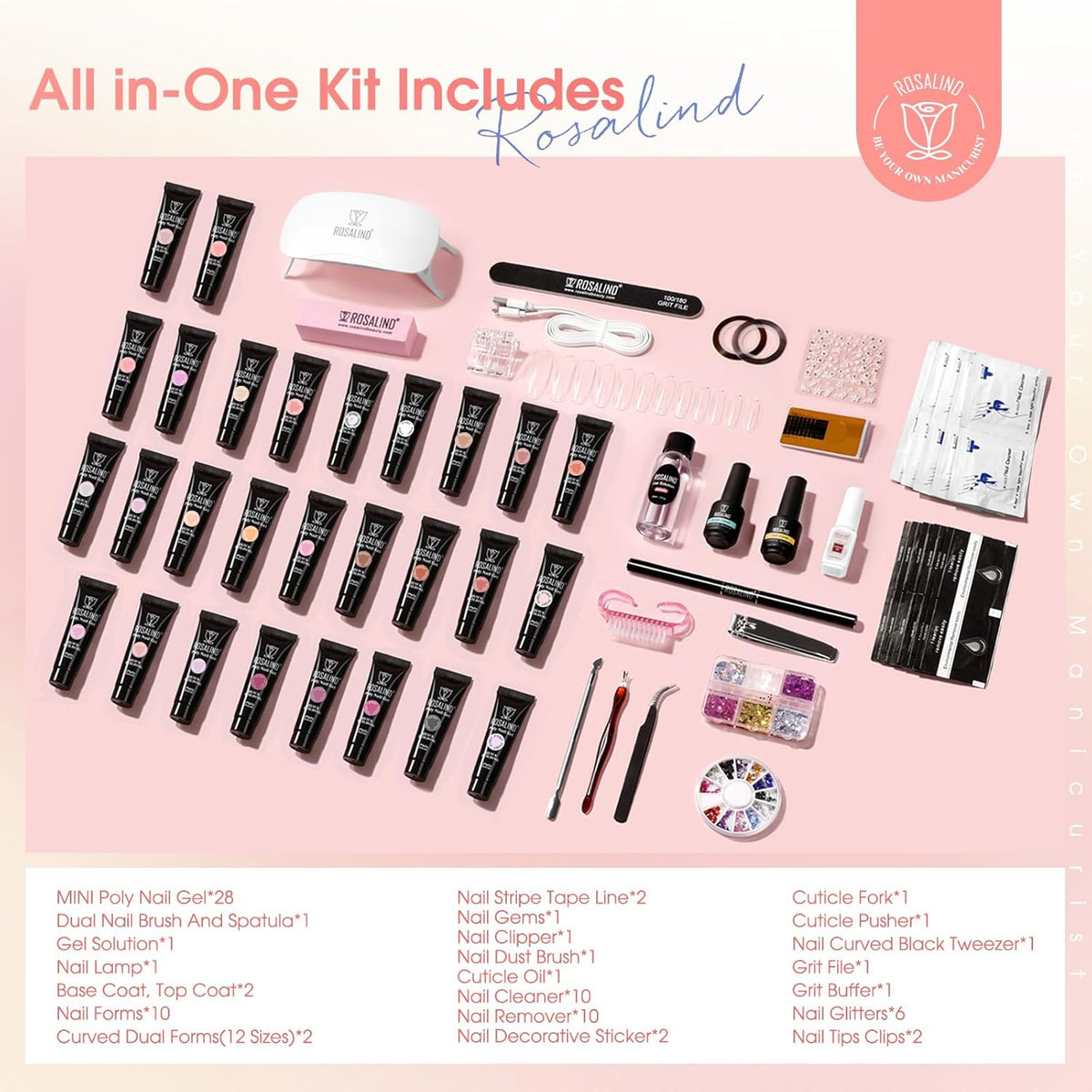 ROSALIND 28 Colors Poly Nail Gel Kit with Mini U V/LED Lamp White Nude Poly Nails Gel Kit Starter