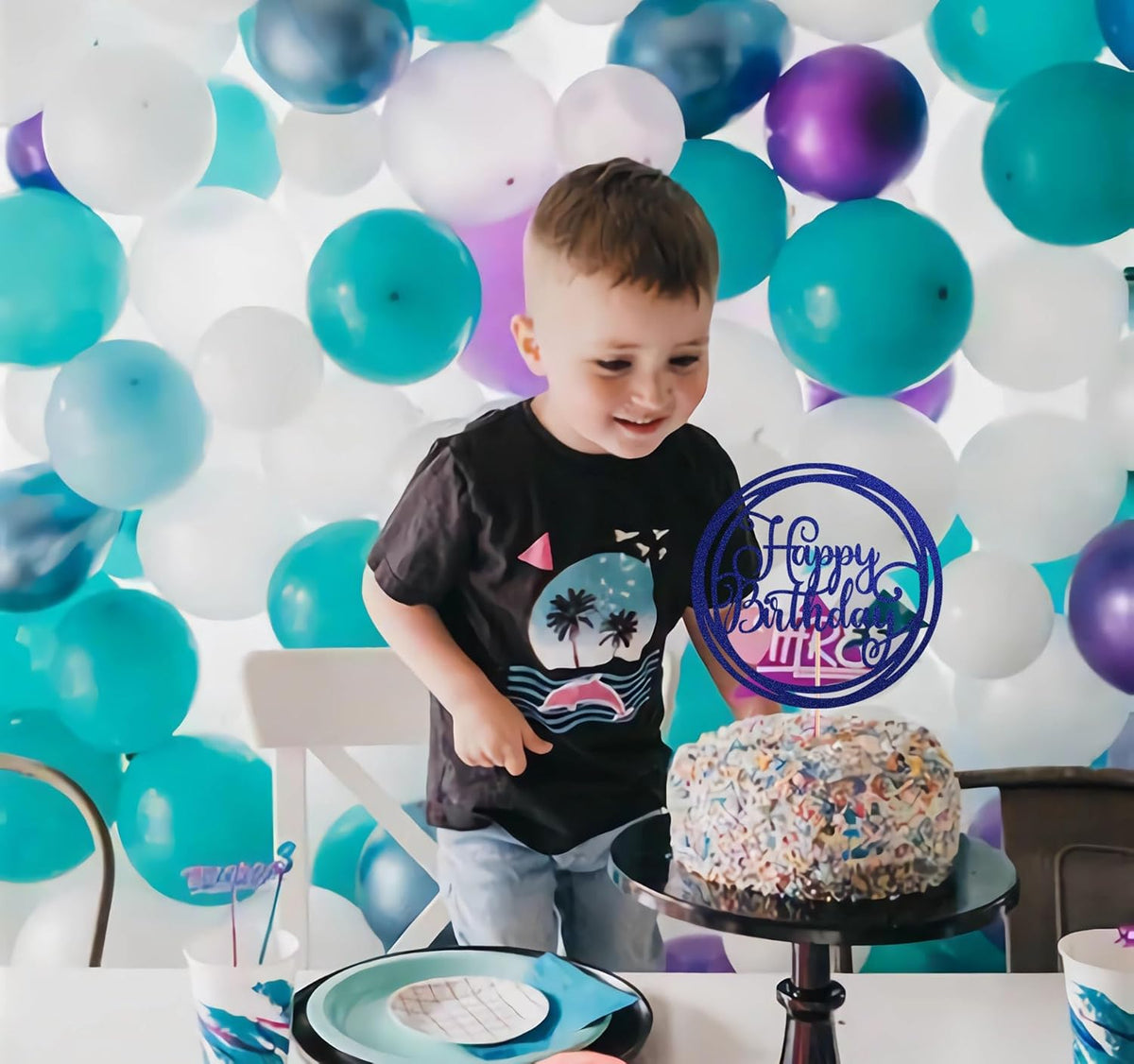 Happy Birthday Cake Topper - Blue Glitter Happy Birthday Cake Decoration Supplies for Children or