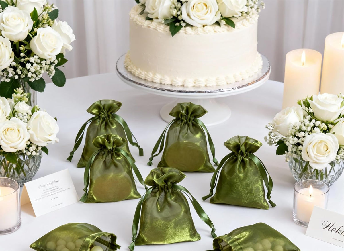 QIANF 20 Pcs Moss Green Small Organza Bags 4X6 inch for Wedding Favors with Drawstring, Mini Mesh