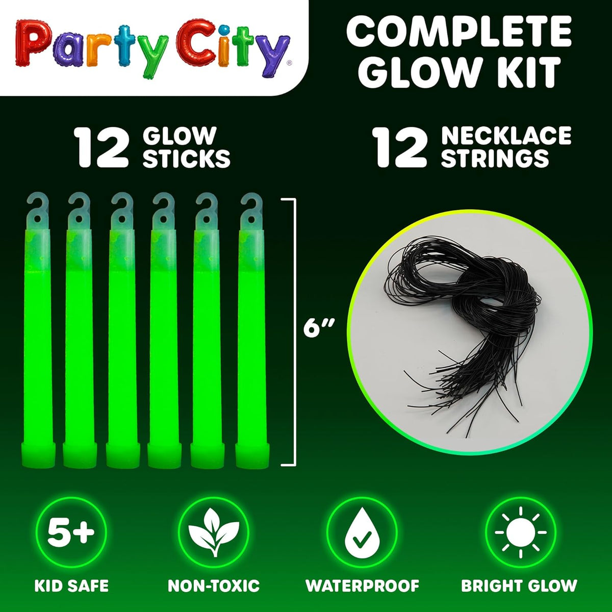 Party City Green Glow Sticks Bulk Pack 6”- 12pk Glow in the Dark Sticks for Kids, Waterproof