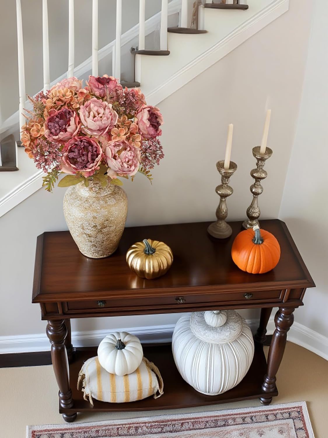 Hollyone 2Pcs Artificial Fall Flowers Bouquet 18.8" Pink Dried Peony Hydrangea Fake Fall Floral