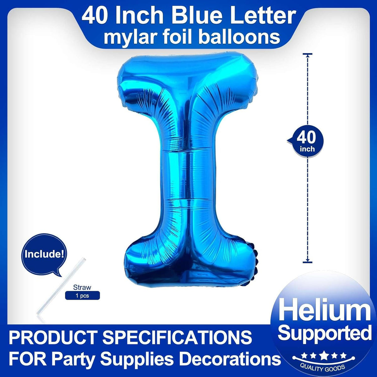 40 Inch Blue Letter I Balloons, DIY Phrase Foil Alphabet Letter I Balloons DIY Word I Banner for