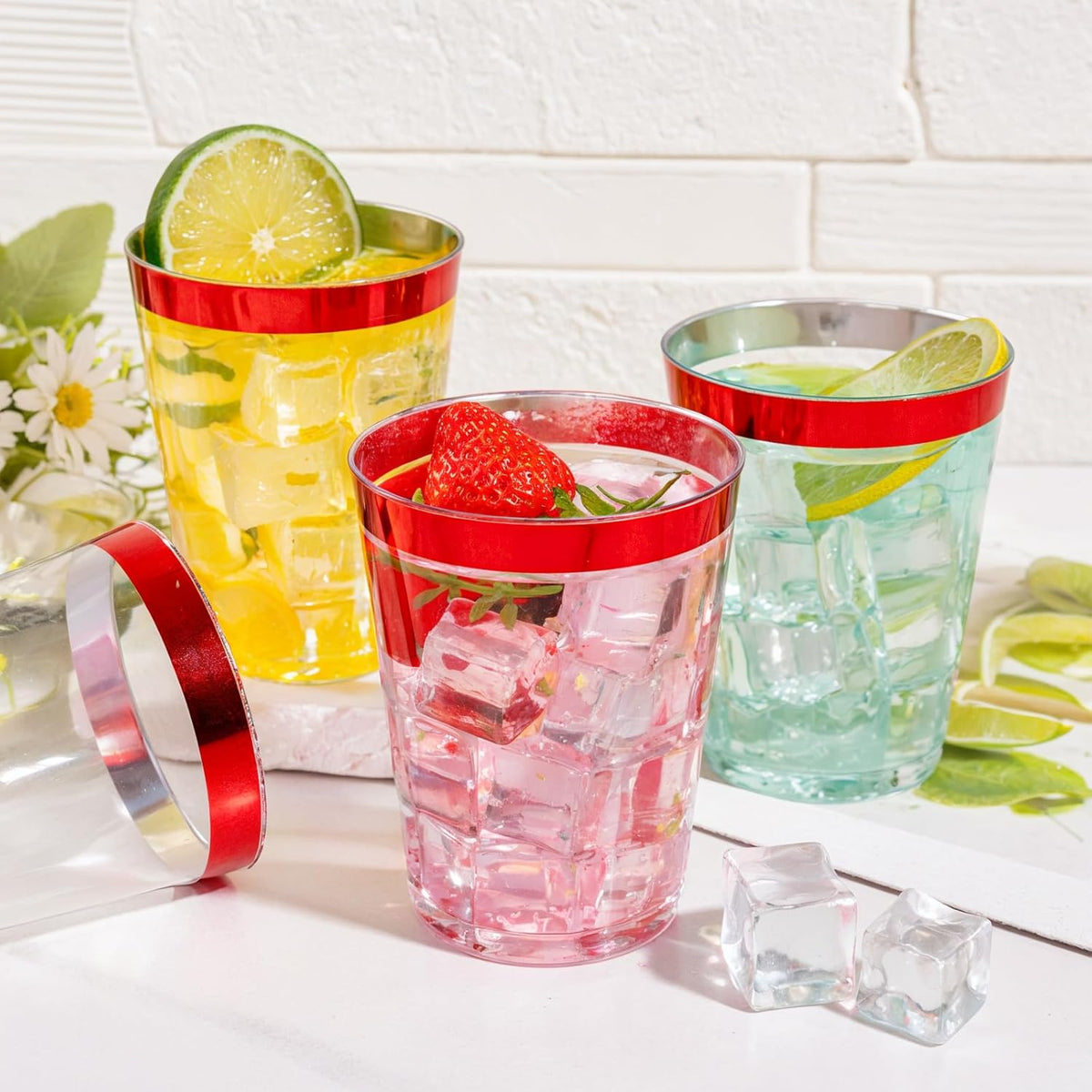 DaYammi 100 Pack Red Plastic Cups 10 Oz Clear Red Rimmed Plastic Cups for Party Fancy Disposable