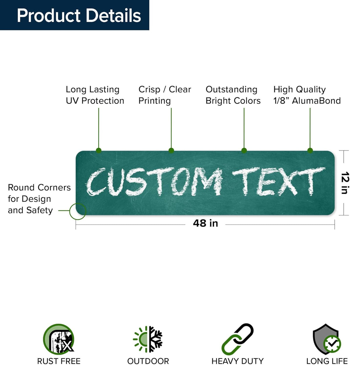 Custom Sign, Custom Street Sign, 11 Font Colors, 13 Font Styles, 4 Hole Options, 22 Sizes, 12x48