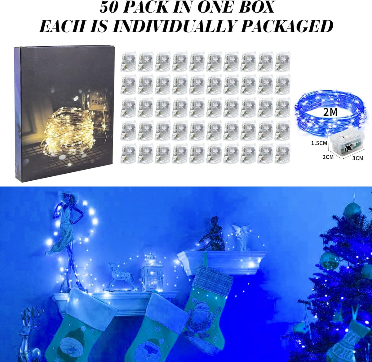 ZGWJ 50 Pack Fairy Lights Battery Operated, 7ft 20 Mini LED Fairy String Lights Silver Wire 3 Modes