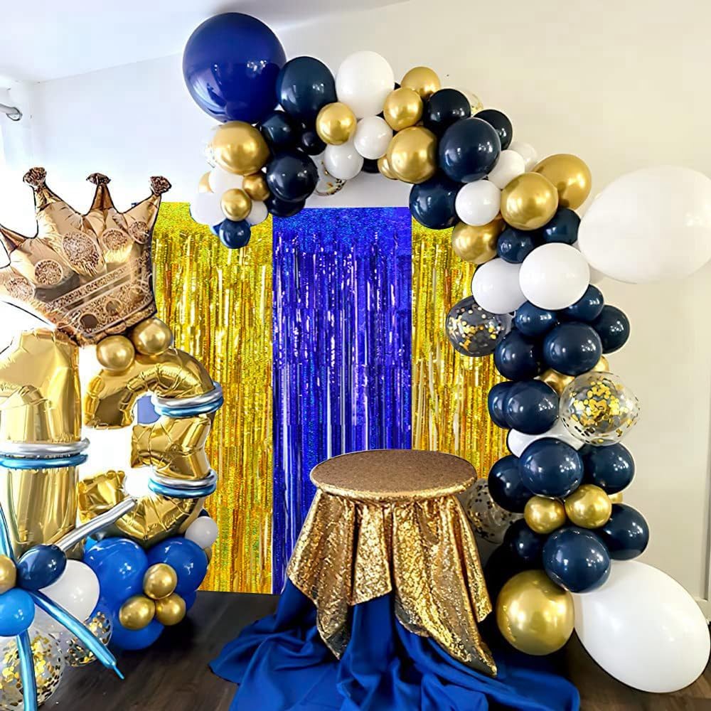 BEISHIDA 4 Pcs Blue and Gold Party Streamers Fringe Foil Curtain Backdrop Tinsel Background Party