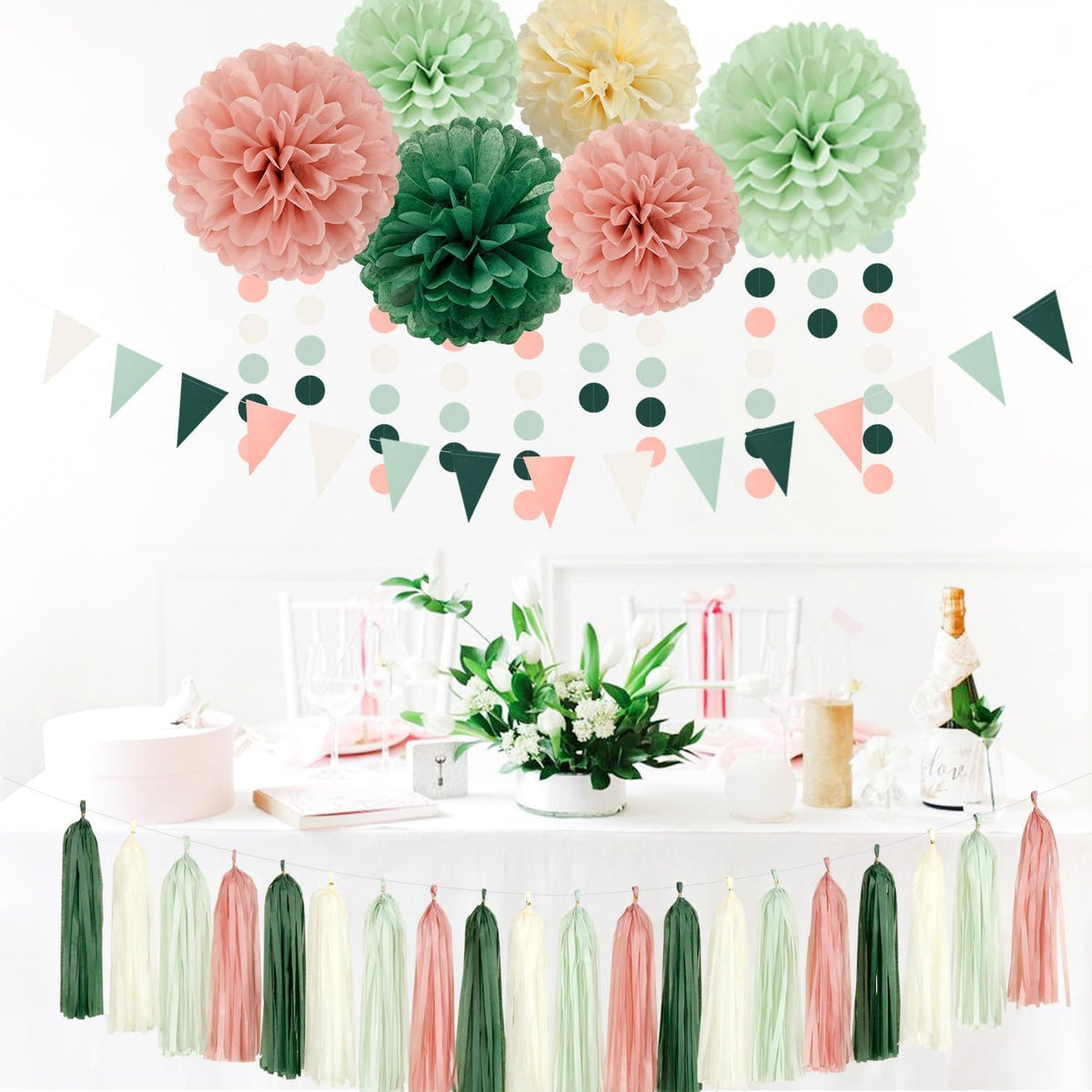 Sage-Olive Green Pink-Beige Boho Party Decorations -23pcs Rustic Neutral Wedding Paper Tissue Pom