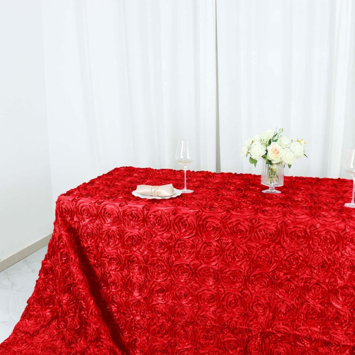 Efavormart 90"x156" Wholesale Rectangle Table Cover RED Grandiose Rosette 3D Satin Tablecloth for
