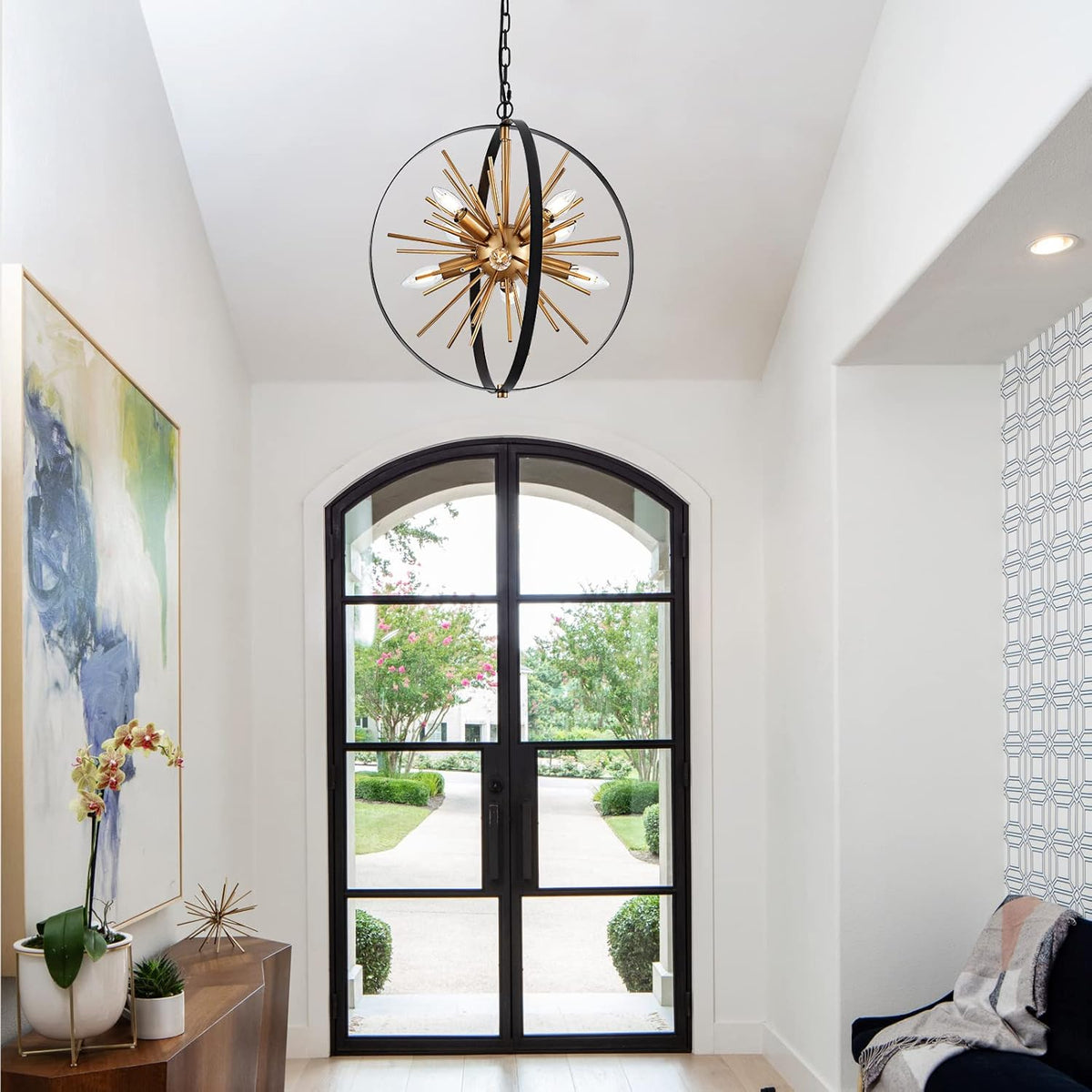 17.72'' Black Gold 8-Light Globe Sputnik Chandelier Modern Industrial Adjustable Hanging Ceiling