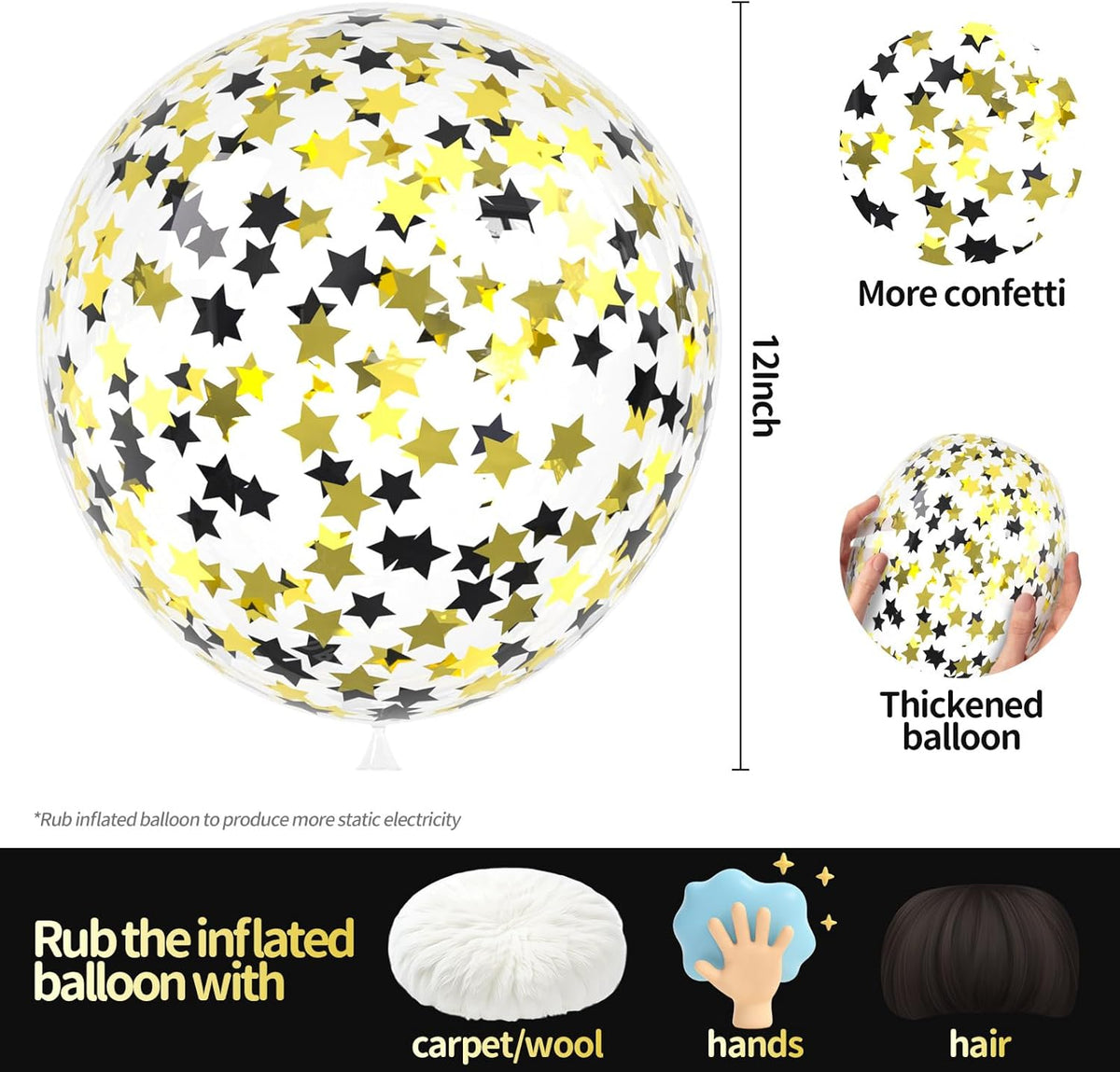 VHUWE 25 Pcs Black Gold Star Confetti Balloons, 12 Inch Clear Latex Balloon with Confetti Inside