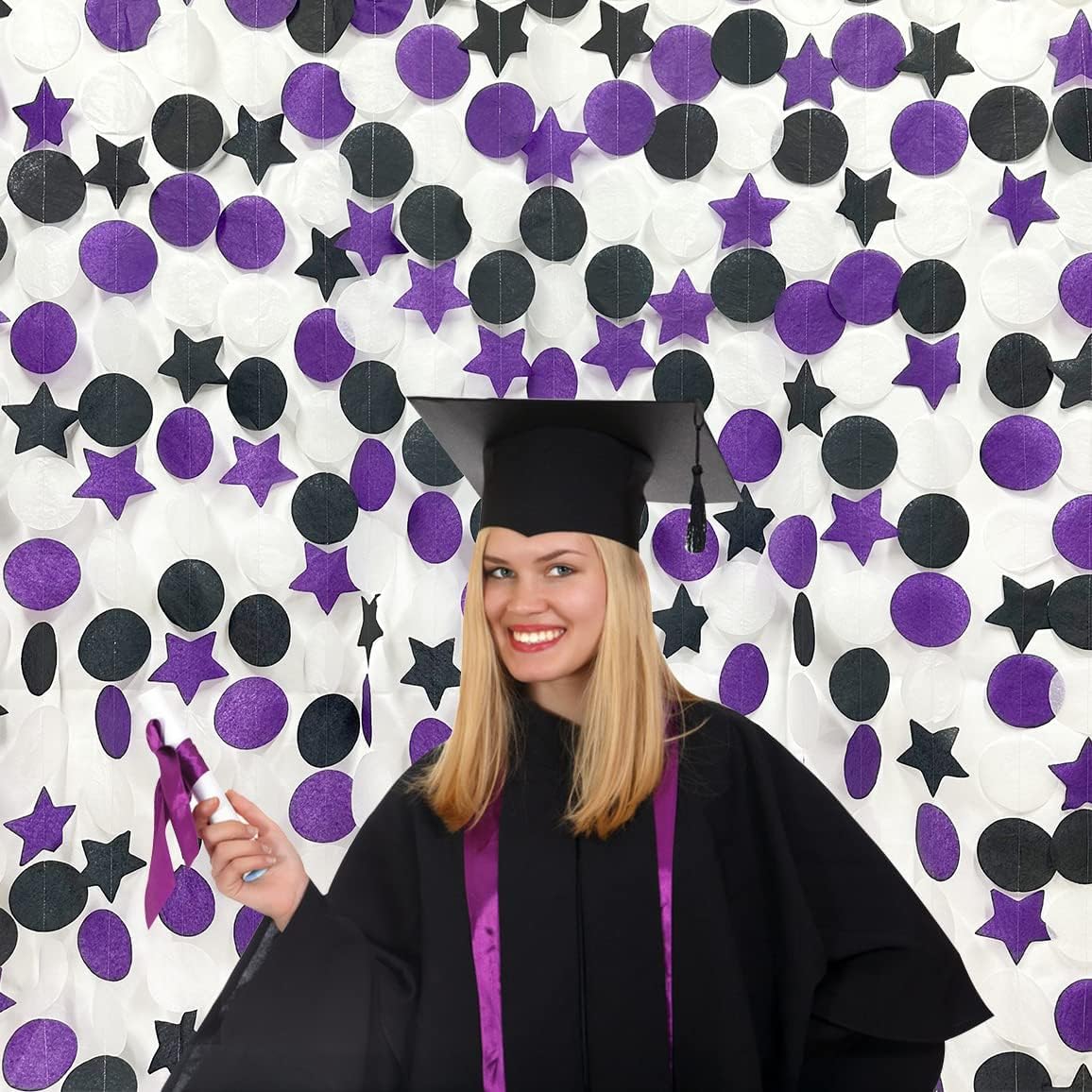173 Ft Purple Black and White Party Decorations Big Star Circle Dot Backdrop Streamer Garland for