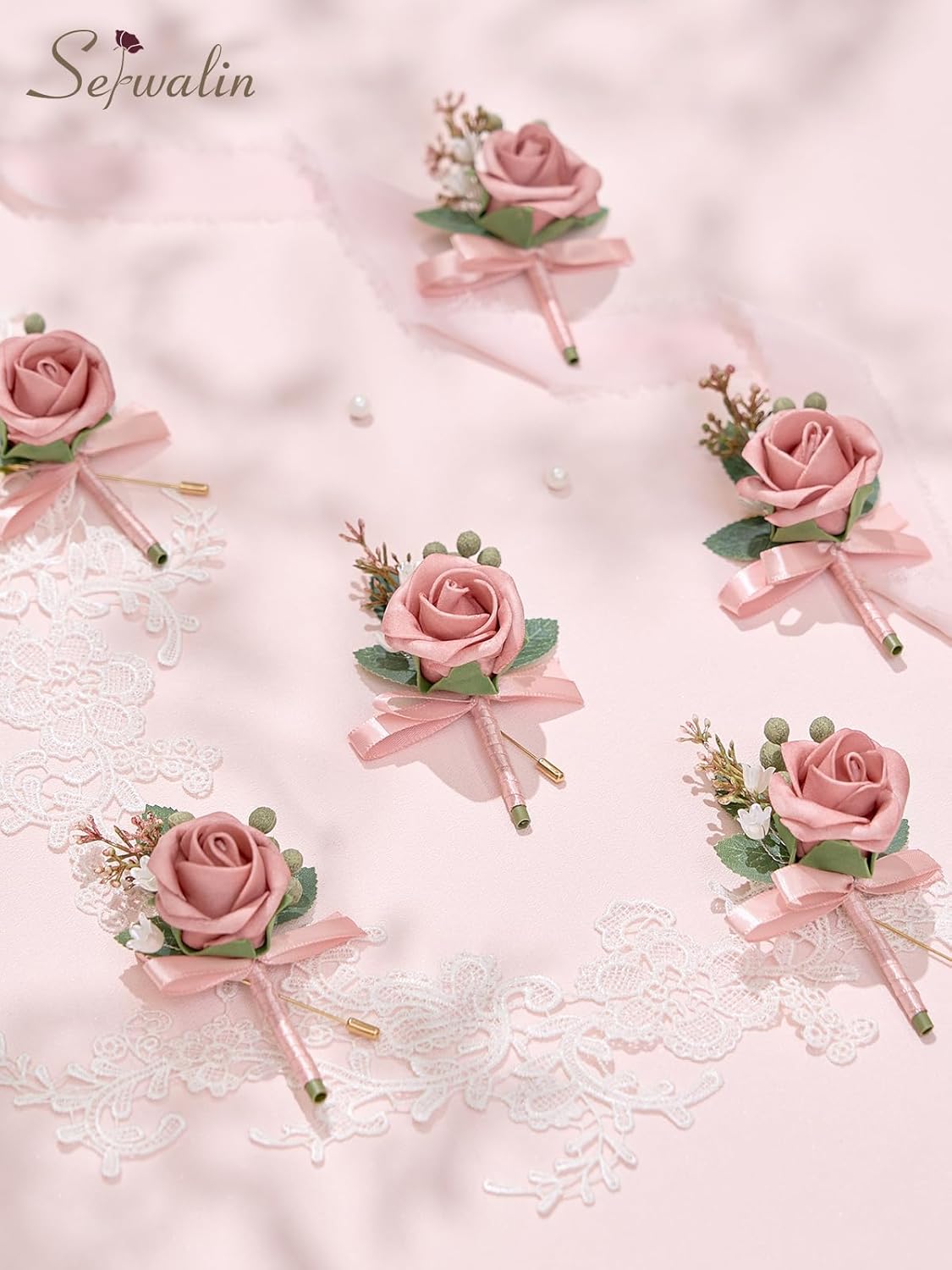 Serwalin 10Pcs Boutonniere for Men, Pink Groom and Best Man Boutonniere, Artificial Flowers for