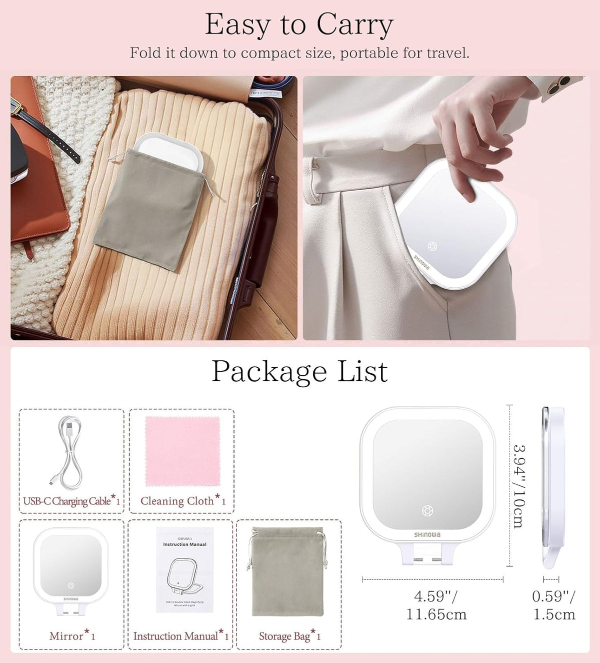 Shinowa Rechargeable Travel Makeup Mirror with 44 LED Lights, 1X/10X Magnifying Vanity Mirror with