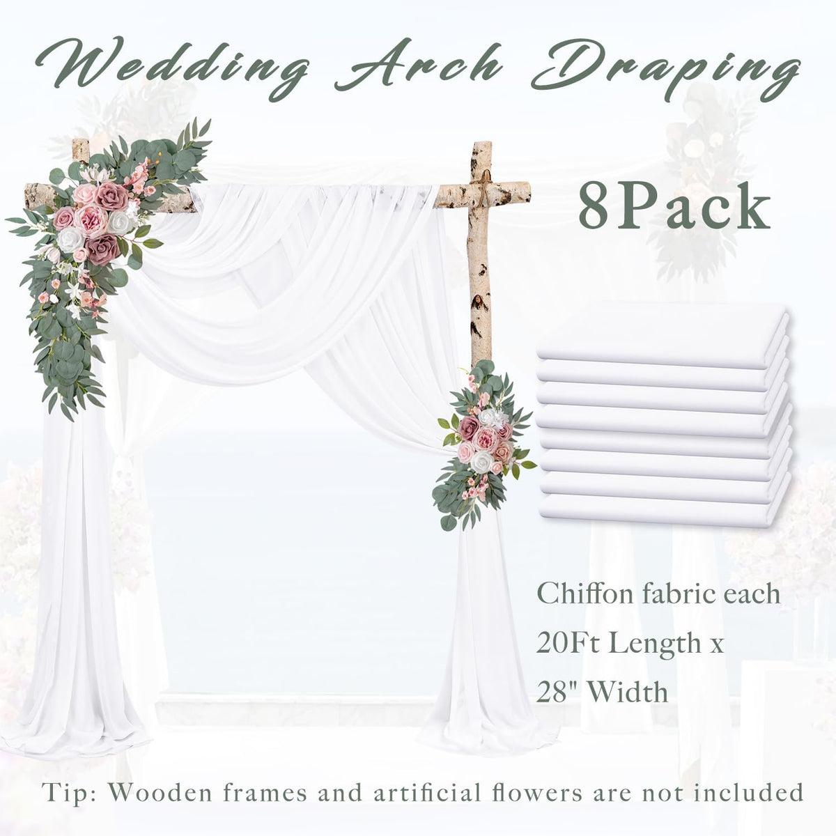 Wedding Arch Draping Fabric 8 Panels 20Ft Length x 28" Width White Arch Drapes Chiffon Fabric Sheer