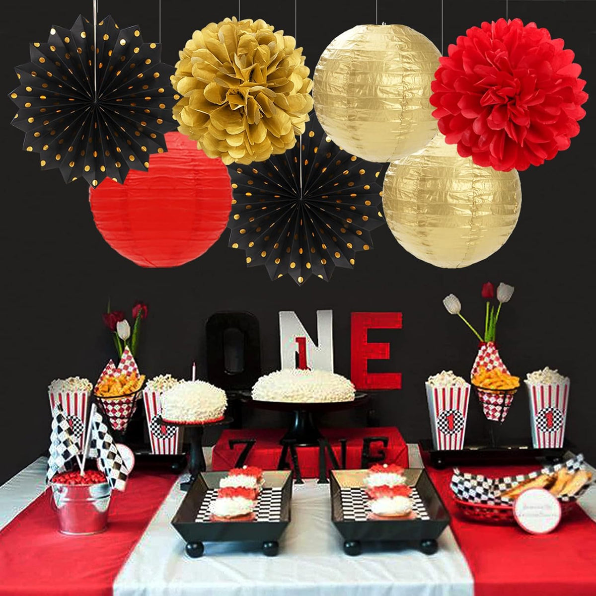 Red-Black Gold Casino Theme Party-Decorations - 20pcs Game Night Paper Lanterns Fans,Tissue Pom