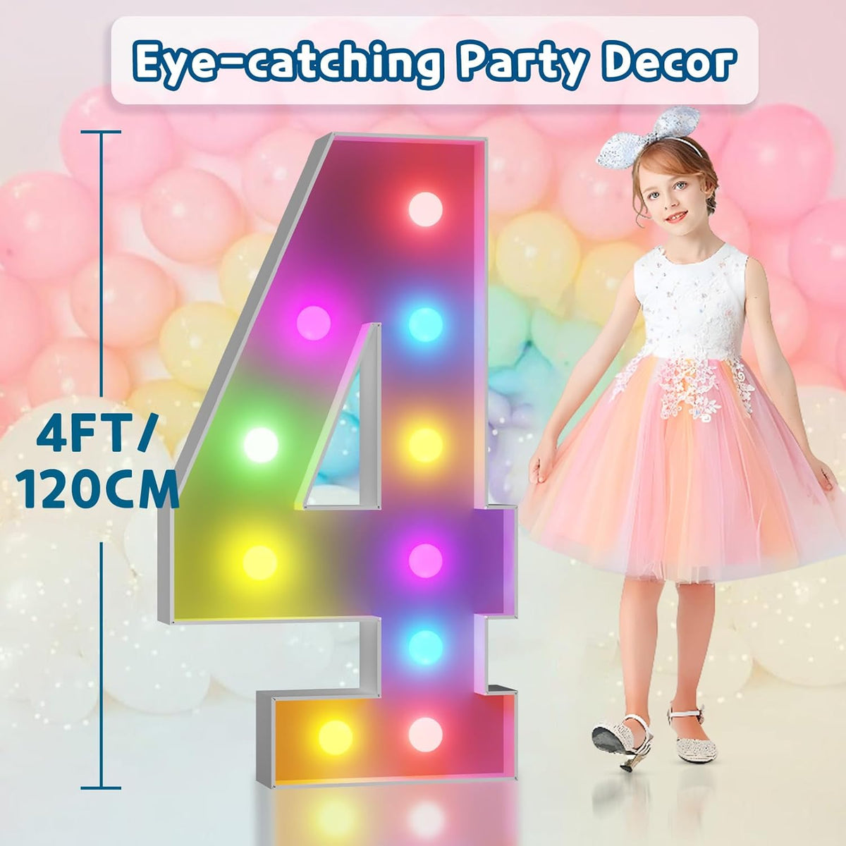 imprsv 4FT Colorful Marquee Numbers,18 Colors Number 4 with Remote, Light Up Numbers Sign for 4th