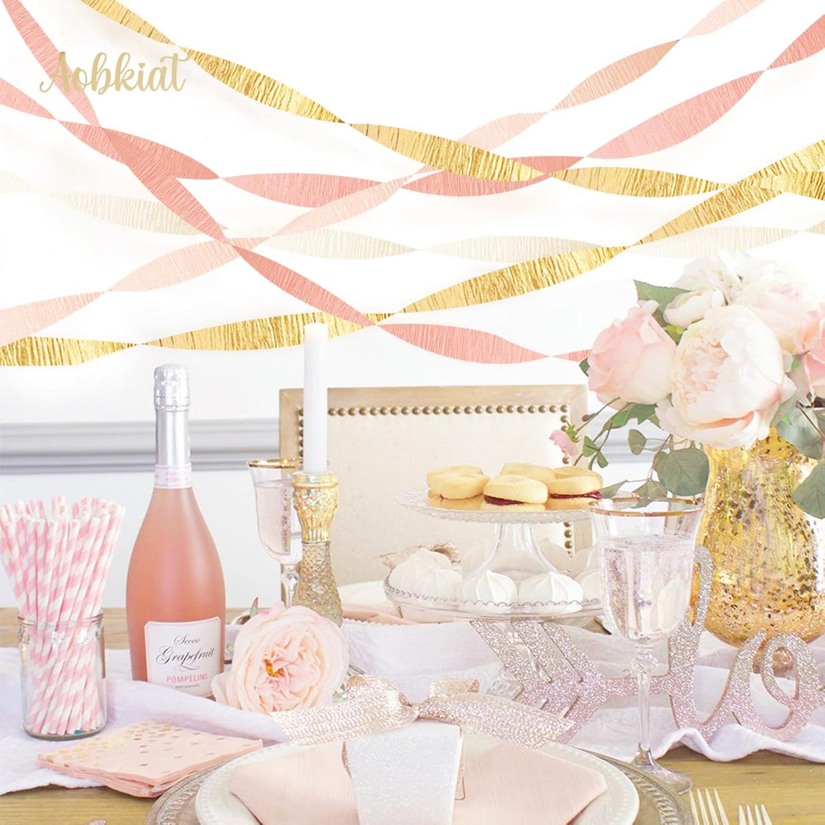 AOBKIAT Wedding Party Decorations, 8 Rolls Pink Gold Crepe Paper Streamers for Wedding
