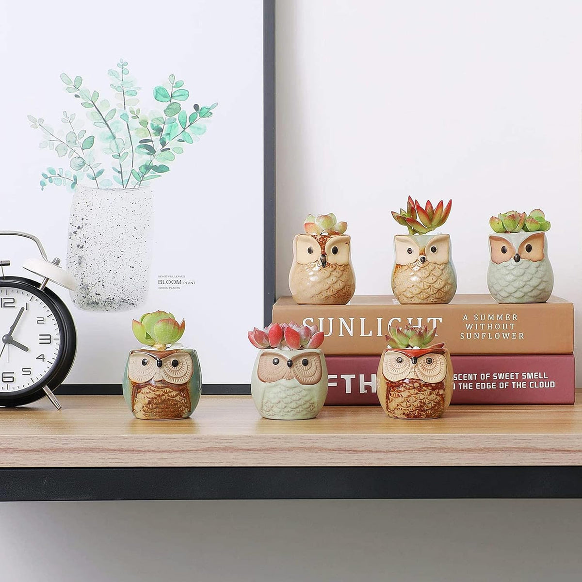 T4U 2.5 Inch Owl Ceramic Succulent Planter Pots with Drainage Hole Set of 6, Mini Cute Flower Pots
