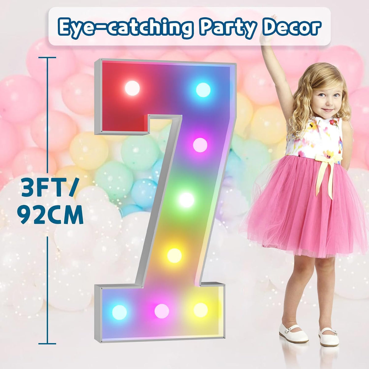 imprsv 3FT Colorful Marquee Numbers,18 Colors Number 7 with Remote, Light Up Numbers Sign for 70th