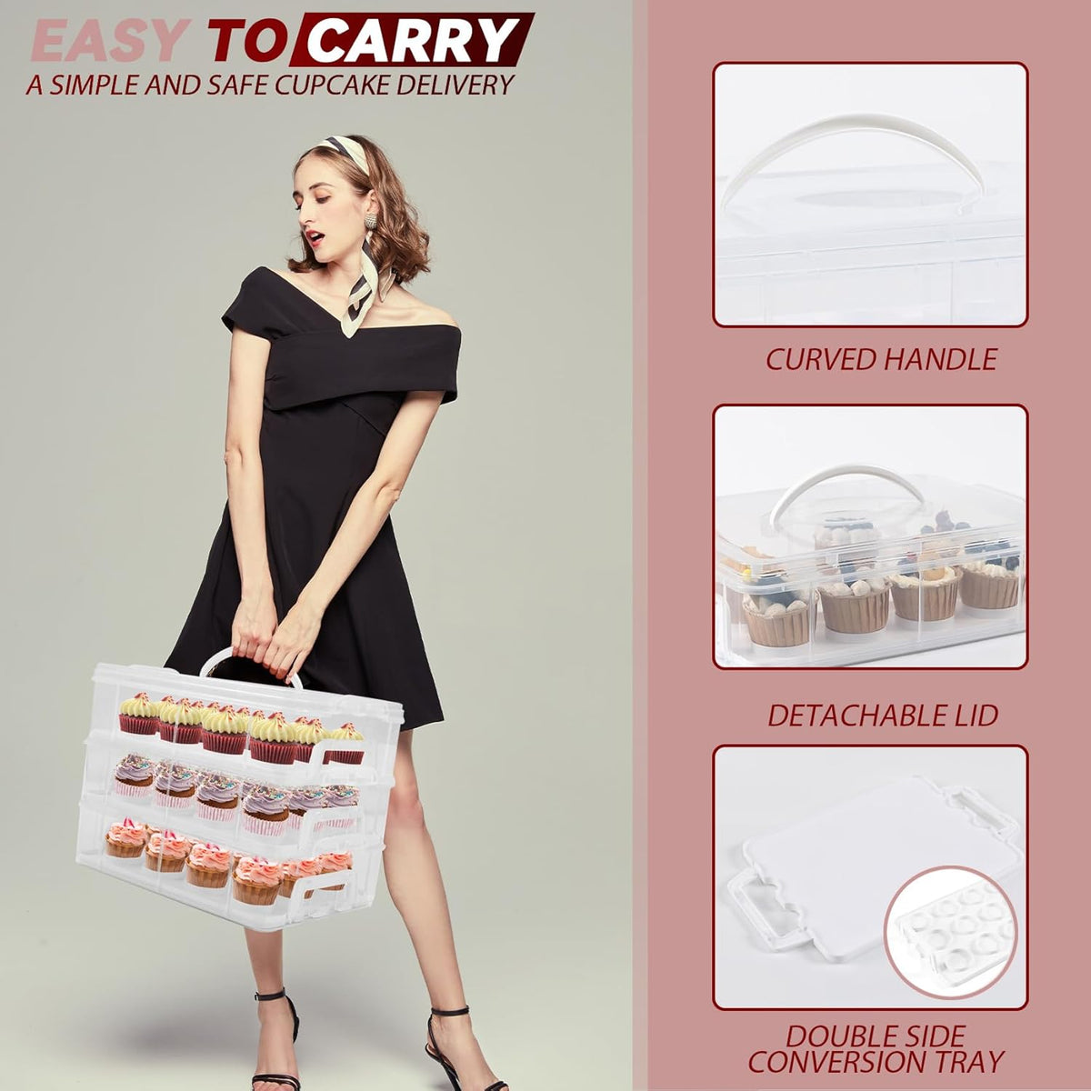 Cupcake Carrier, 3-Tiers Cupcake Containers, Holds 36 Cupcakes or 3 Large Cakes, Cupcake Holder