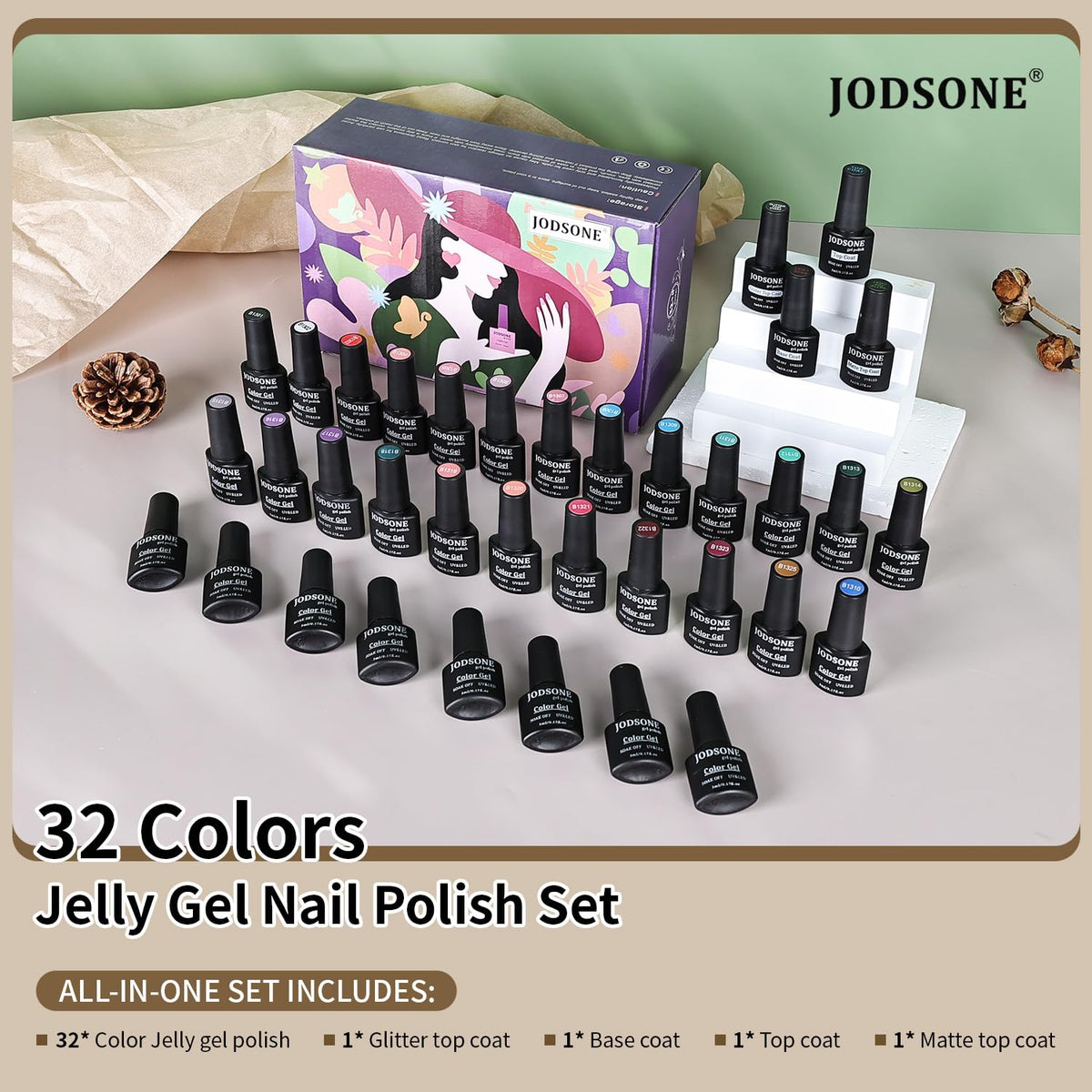 JODSONE Jelly Gel Nail Polish Kit 32 Classic Colors Crystal Transparent High Shine Base & Top Matte