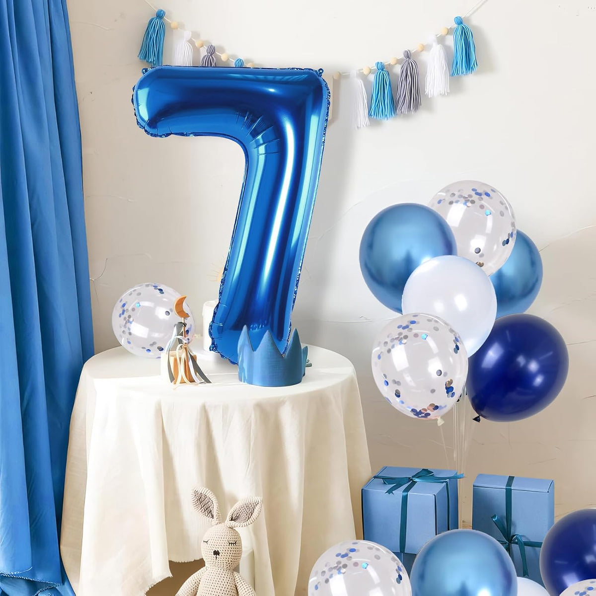 7 Balloon Number Dark Blue, Big Number 7 Mylar Balloon Pastel Navy Blue with Metallic Silver