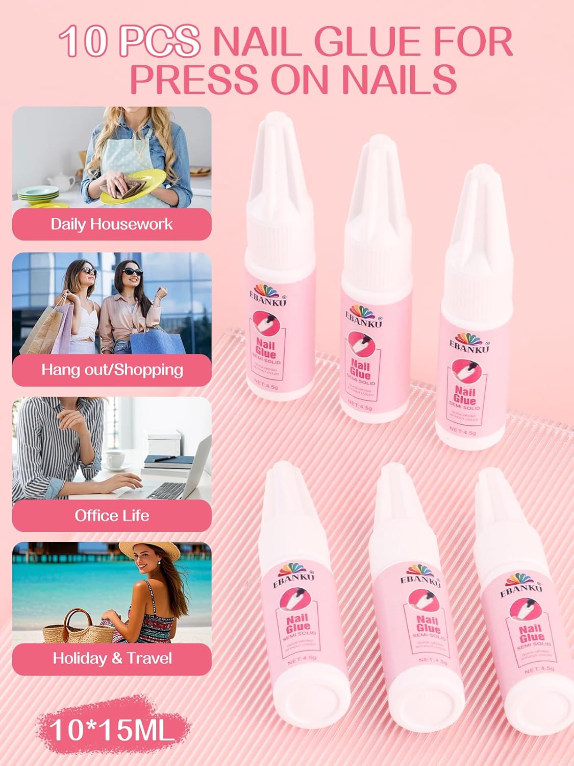EBANKU Nail Glue Bulk for Press On Nails, 10PCS Super Strong Glue for Fake Nails Professional