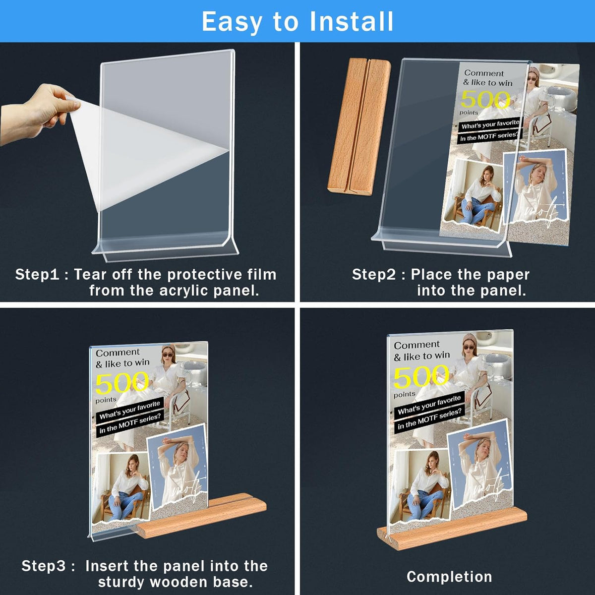 Kersally Acrylic Sign Holder 6 x 4, 3 Pack Double-Sided Clear Table Display Stands with Wood