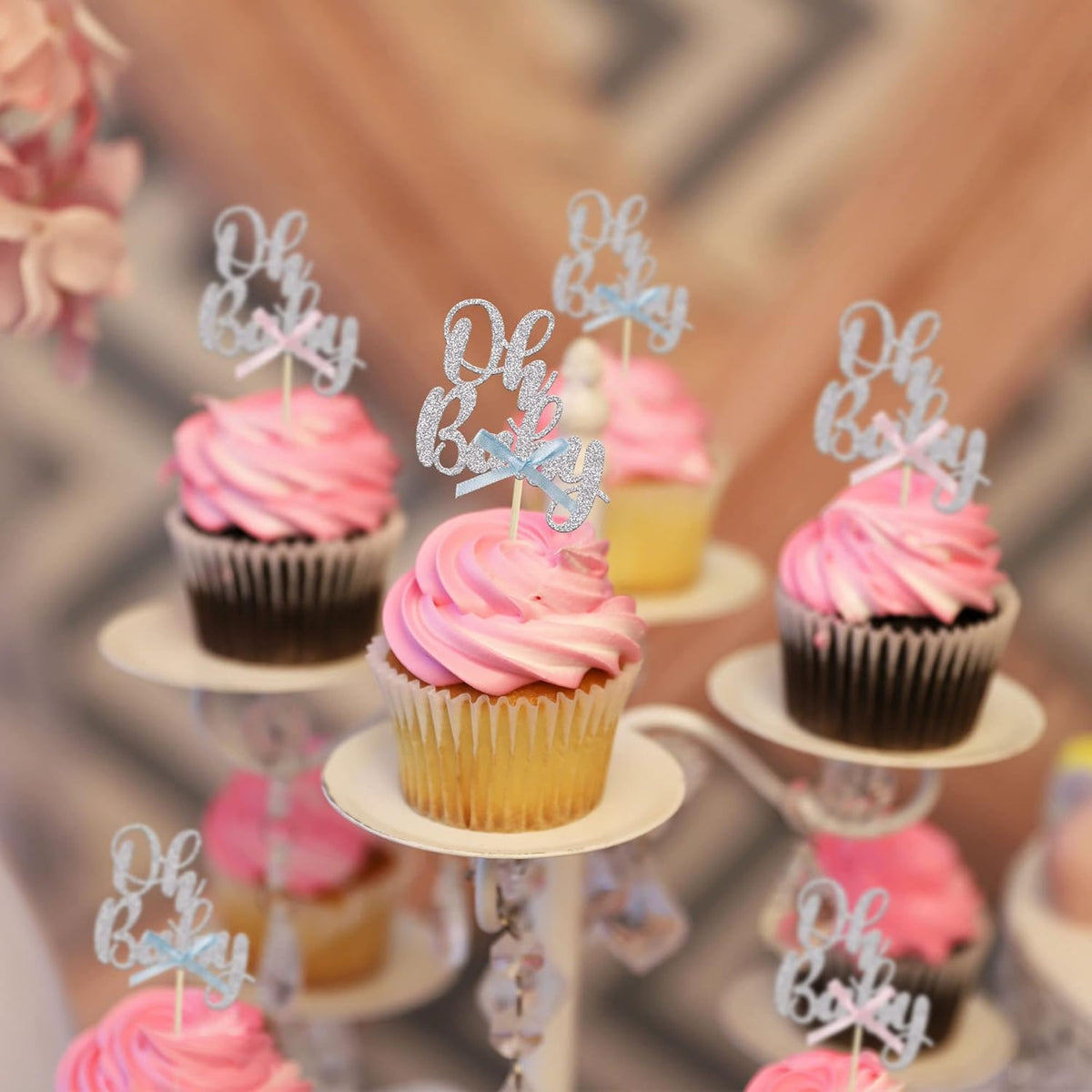 Gyufise 36Pcs Oh Baby Cupcake Toppers with Blue Pink Bowknot Silver Glitter Baby Shower Cupcake