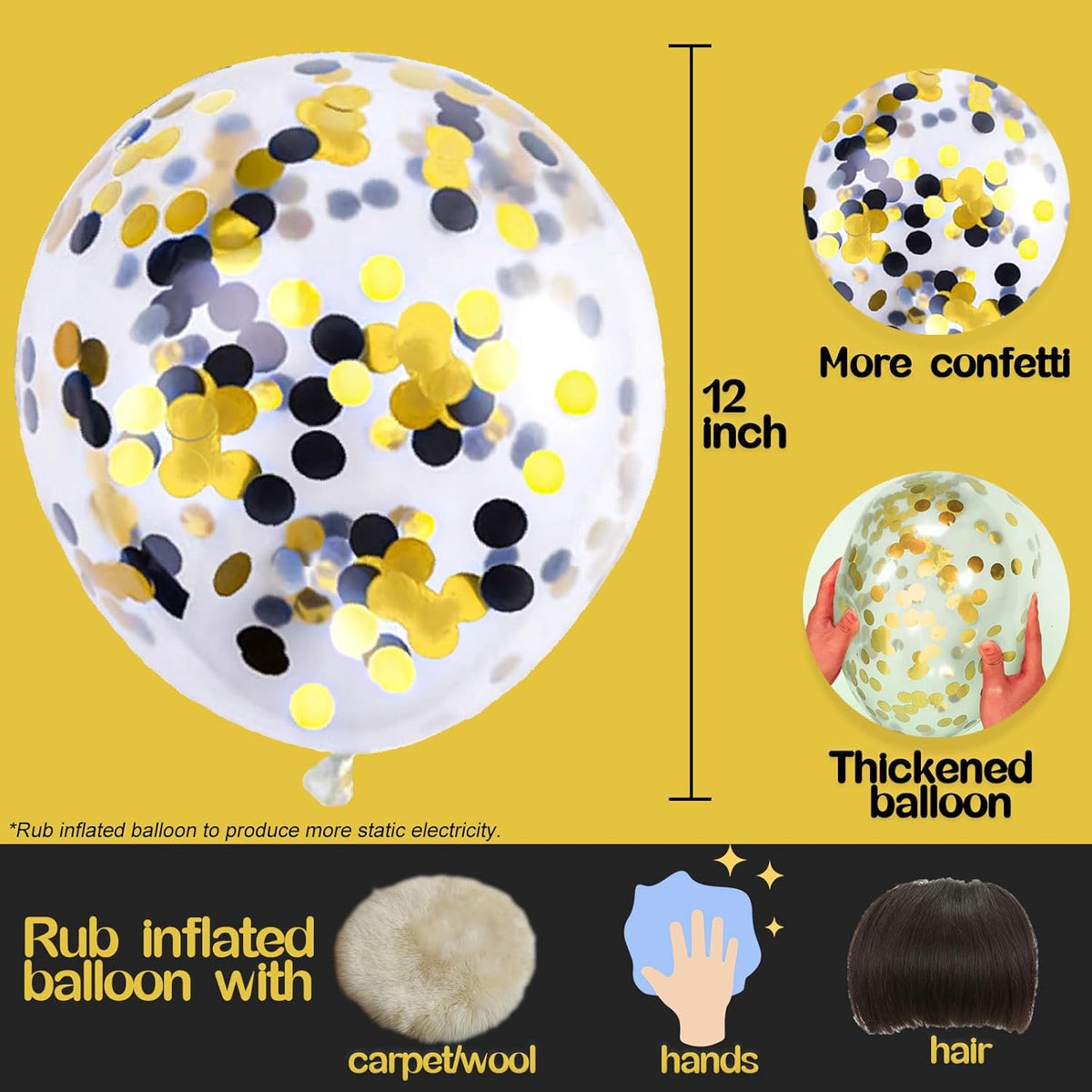 Black Gold Confetti Balloons 25 Pcs, 12 Inch Thickened Clear Latex Balloon with Confetti Inside for