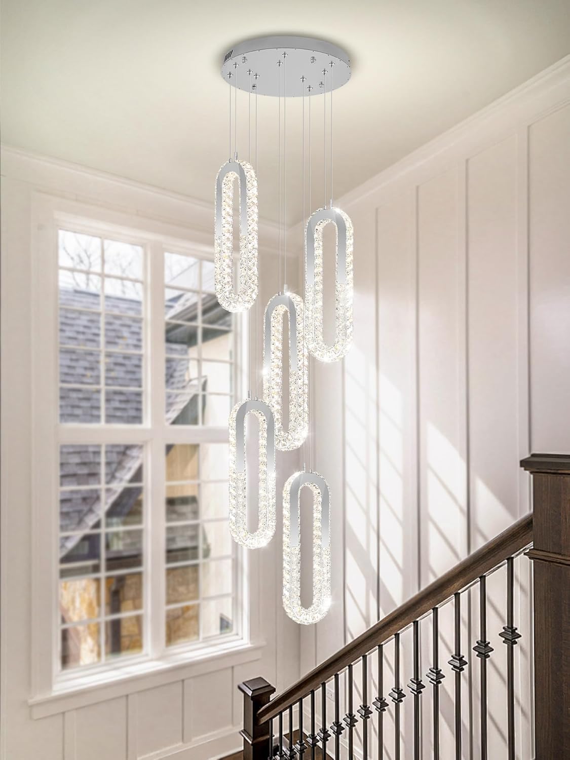 5 Rings Crystal Chandeliers for Staircase Large Pendants Light Fixture Silver High Ceiling