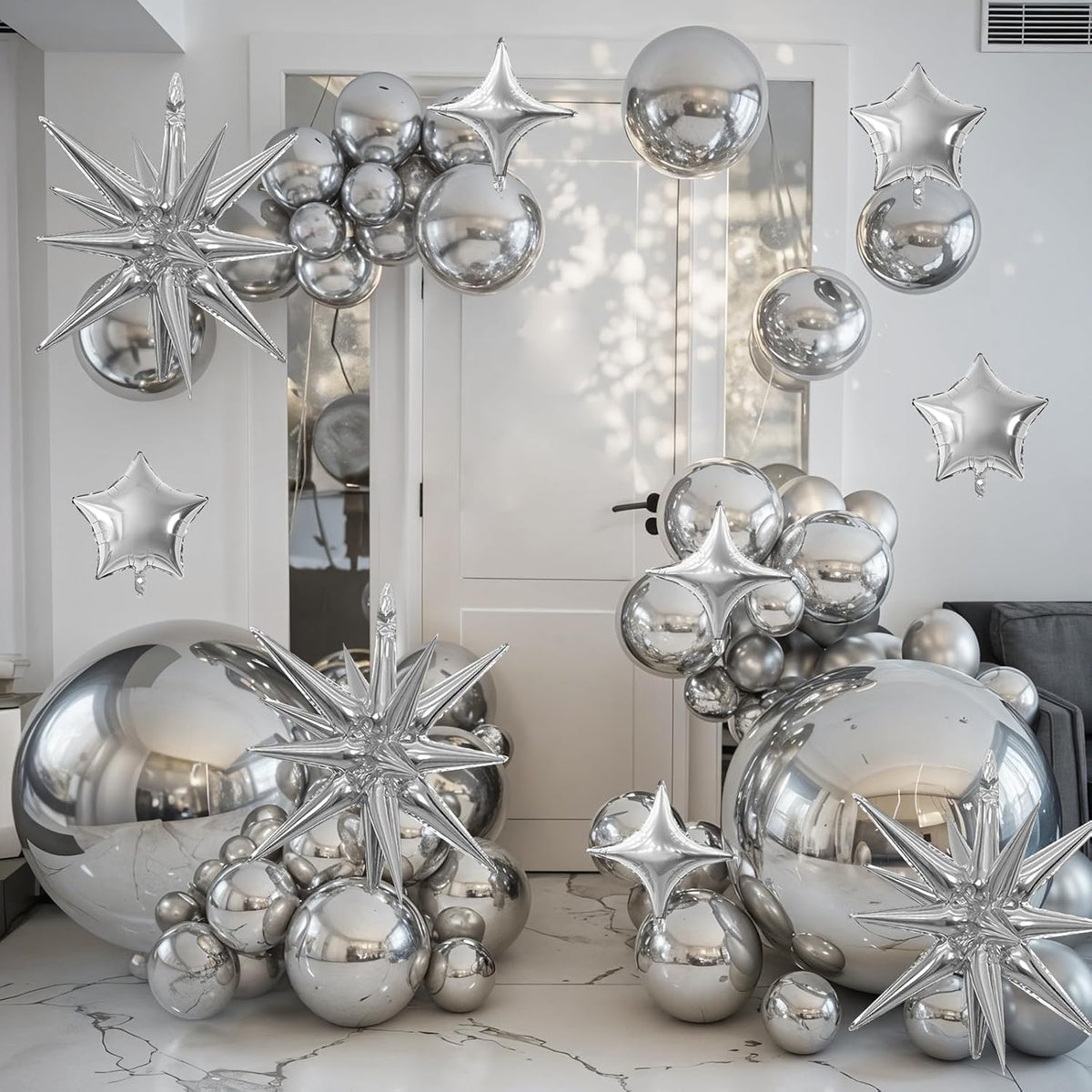 Silver Star Balloon,16Pcs Star Foil Balloons Set with 22Inch Explosion Spike Cone Balloons and