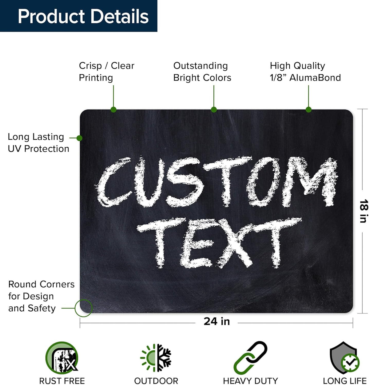 Custom Sign, Custom Street Sign, 11 Font Colors, 13 Font Styles, 4 Hole Options, 22 Sizes, 18x24