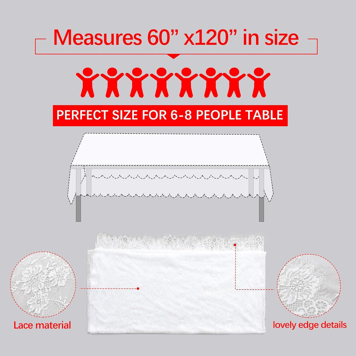 LuoluoHouse White Lace Tablecloth 6pcs Table Fabric 60x120 Inch for Rustic Boho Wedding Bridal
