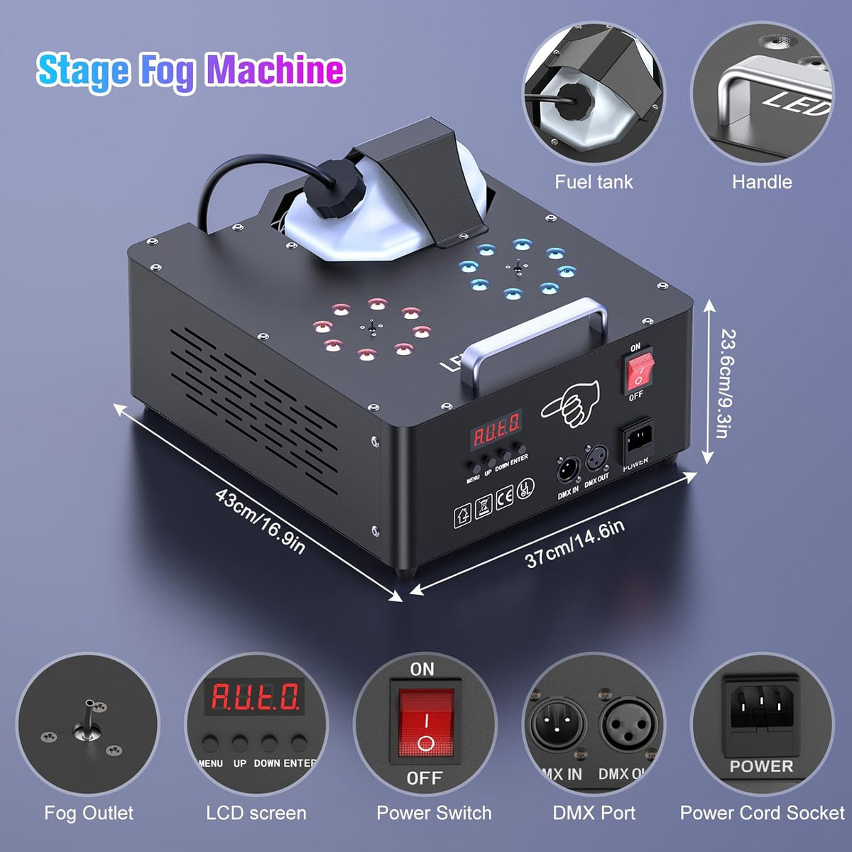 2000W Professional Fog Machine Dual Nozzle with 16 RGB LED, DMX Control Adjustable Smoke Direction