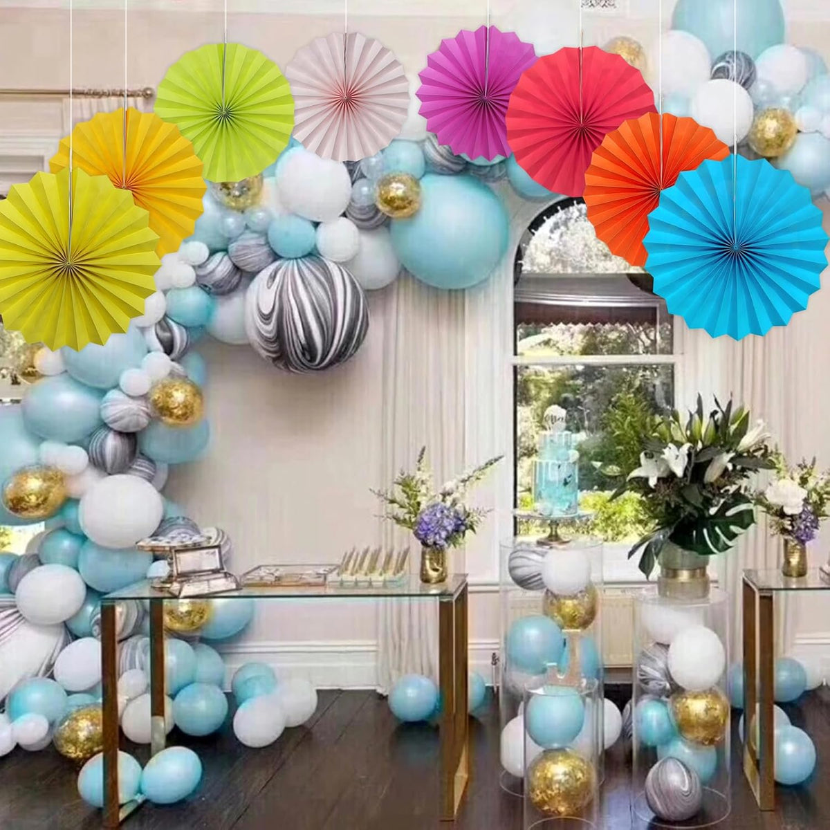 BARTHEW Green Graduation Party Decor, Tropical Party Decorations, 12in Hanging Paper Fans 30 Color