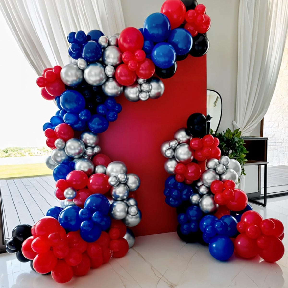 Red Blue Black Balloons, 12 Inch Black Red Royal Blue Metallic Silver Confetti Balloons with Star