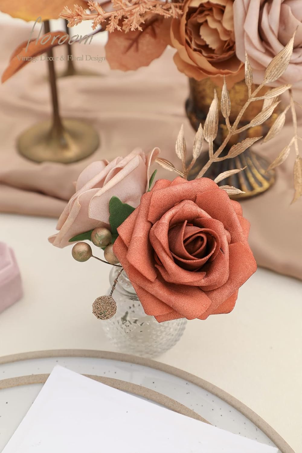 Floroom Artificial Flowers 25pcs Real Looking Terracotta Ombre Colors Foam Fake Roses with Stems
