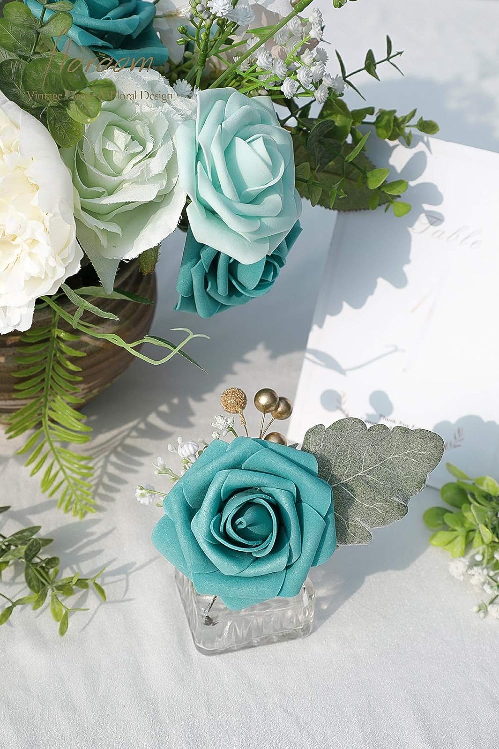 Floroom Artificial Flowers 25pcs Real Looking Green Ombre Colors Foam Fake Roses with Stems for DIY