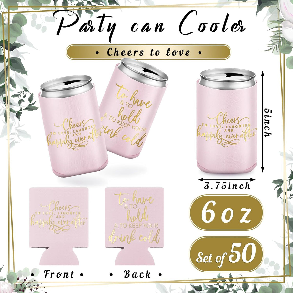 50 Pieces Pink Rose Wedding Can Cooler Bulk Engagement Party Favors for Guests Cheers to Love