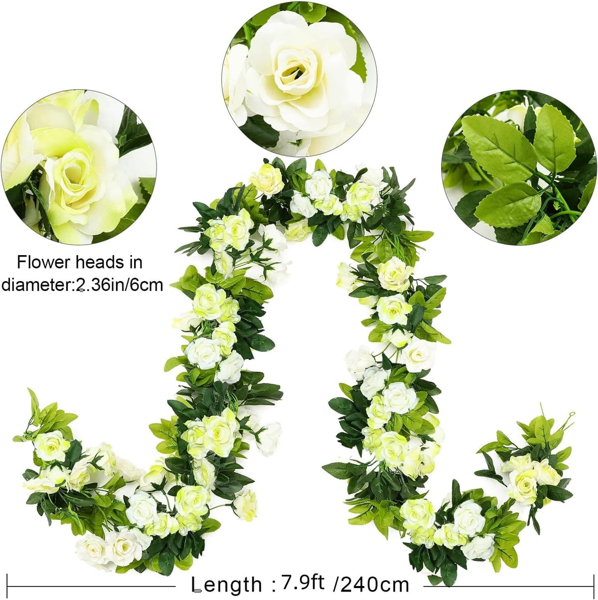 JUSTOYOU 2 Pack (15.8FT) Fake Rose Garland, Artificial Rose Vines Flowers Hanging Silk Rose Vine
