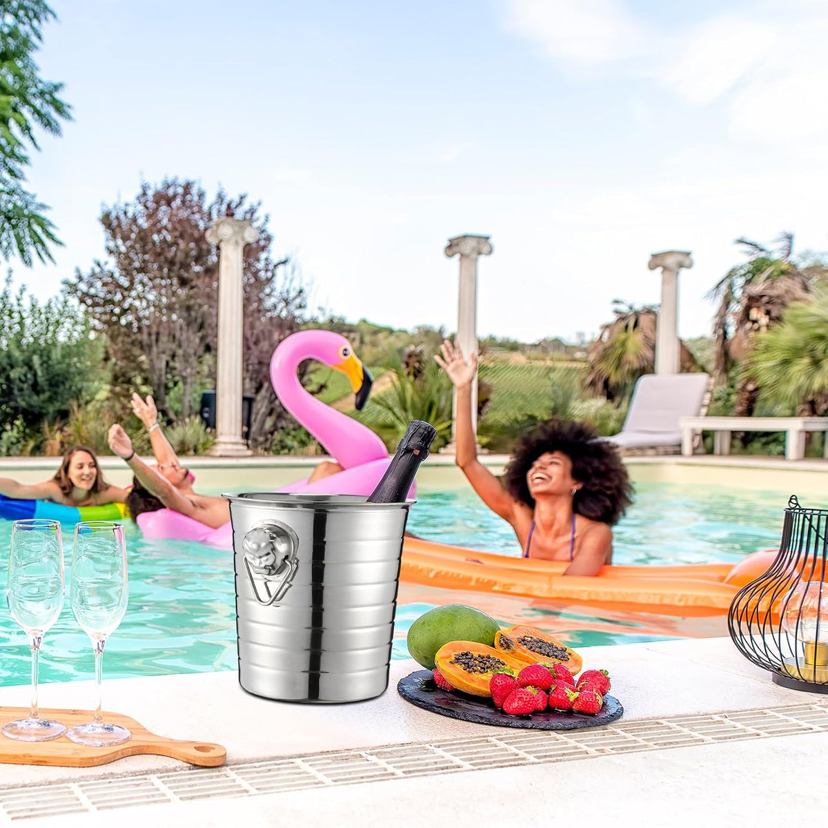 Pinkunn 6 Pack Stainless Steel Champagne Bucket 3 Qt Metal Ice Bucket Double Wall Wine Bucket with
