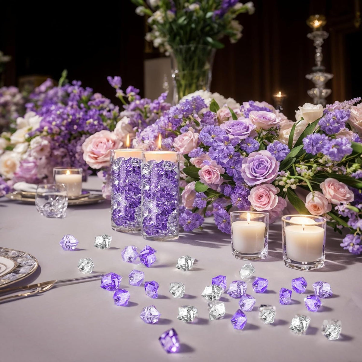DomeStar 150PCS Fake Ice, Vase Filler Purple Fake Diamonds Plastic Clear Gems Crystals for Table