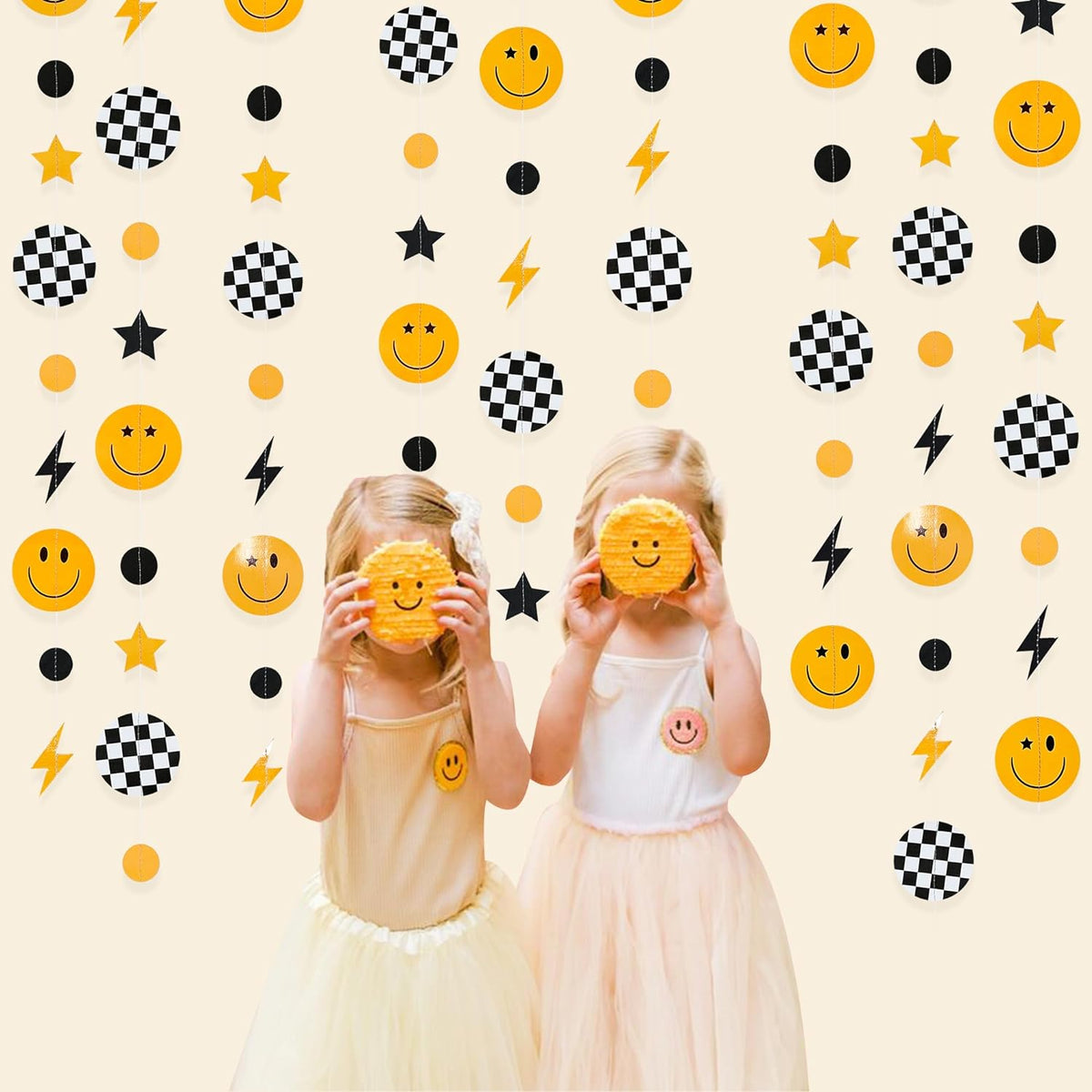 One Happy Dude 1st Birthday Decorations Black Yellow Smile Face Lightning Star Checkered Circle Dot