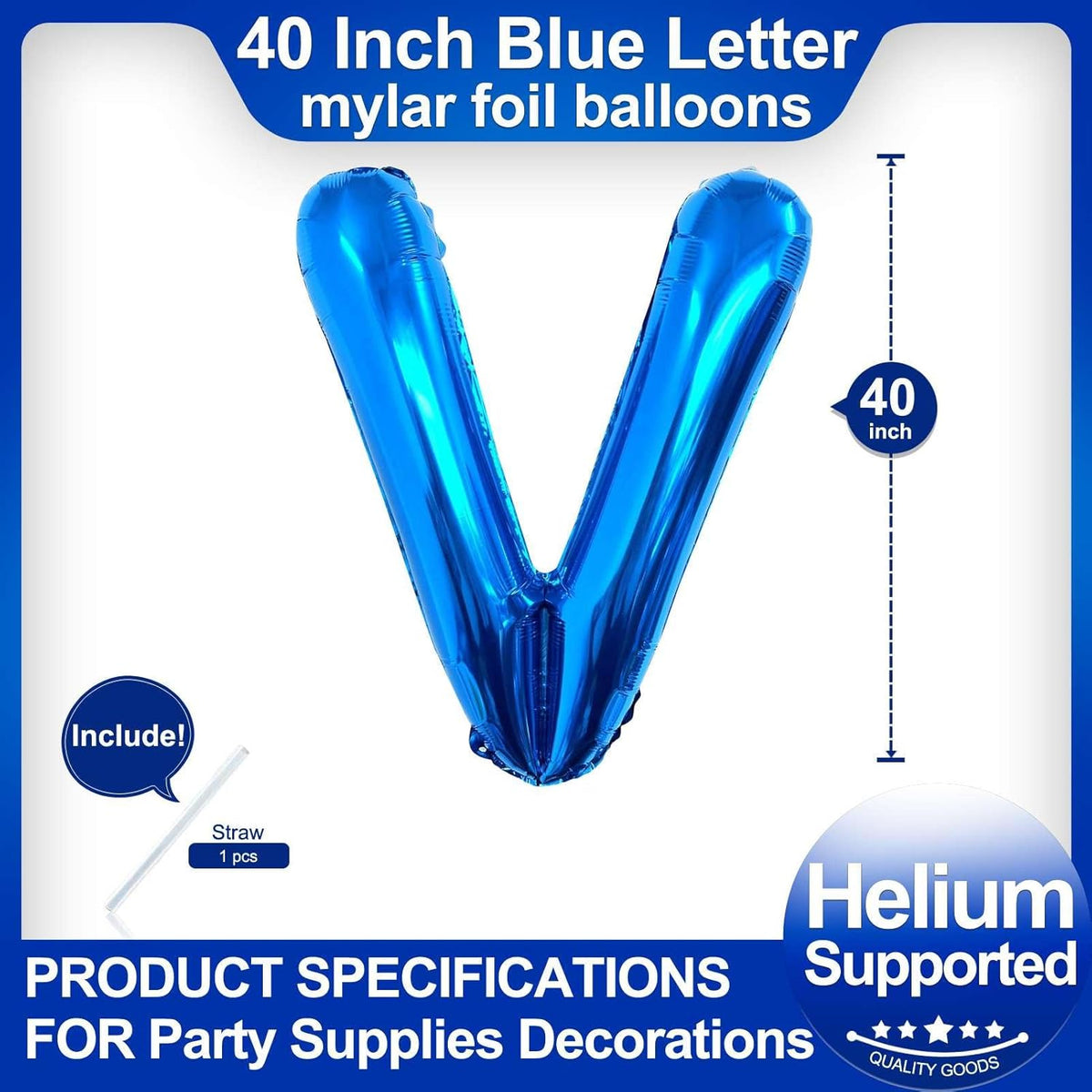 40 Inch Blue Letter V Balloons, DIY Phrase Foil Alphabet Letter V Balloons DIY Word V Banner for