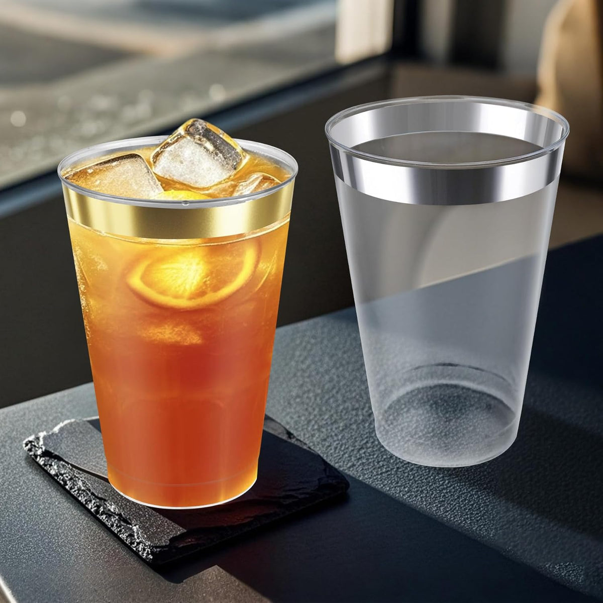 12OZ Plastic Cups with Gold Rimmed Sturdy & Food Safe Disposable Wine Glasses Weeding Party Cups