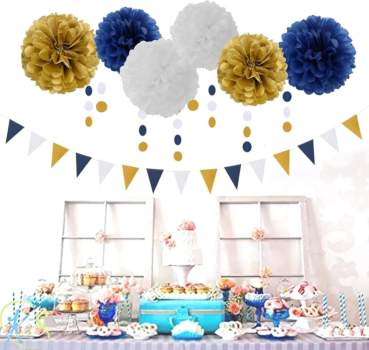 Navy Blue White Gold Party Decoration 23pcs Kits-Paper Flowers,Banner Flags,Circle Banner,Tassel